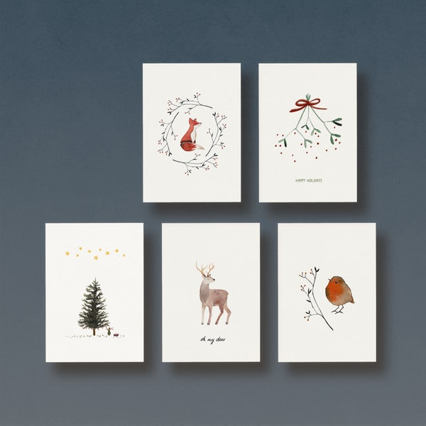 Jeu de cartes Noël Hiver | 5 cartes postales avec illustrations à l'aquarelle imprimées sur papier 100% recyclé