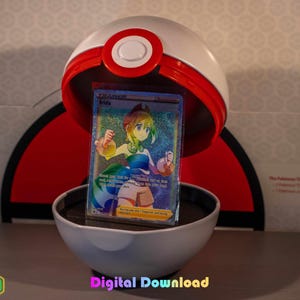 May include: A white and red Poké Ball with a Trainer Irida trading card inside. The card features a colorful illustration of a character with rainbow hair and clothing. The words "Digital Download" are at the bottom.