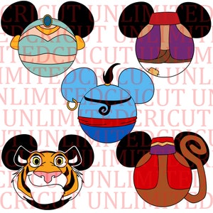 May include: Four different Disney character designs in the shape of Mickey Mouse ears. The characters are Jasmine, Aladdin, Abu, and Rajah. The designs are colorful and detailed.