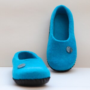 Women's felted slippers with leather soles Blue house slippers Ready to ship 8-8,5 US image 2