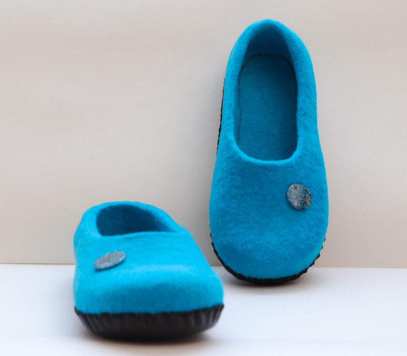 Women's felted slippers with leather soles Blue house slippers Ready to ship 8-8,5 US image 2