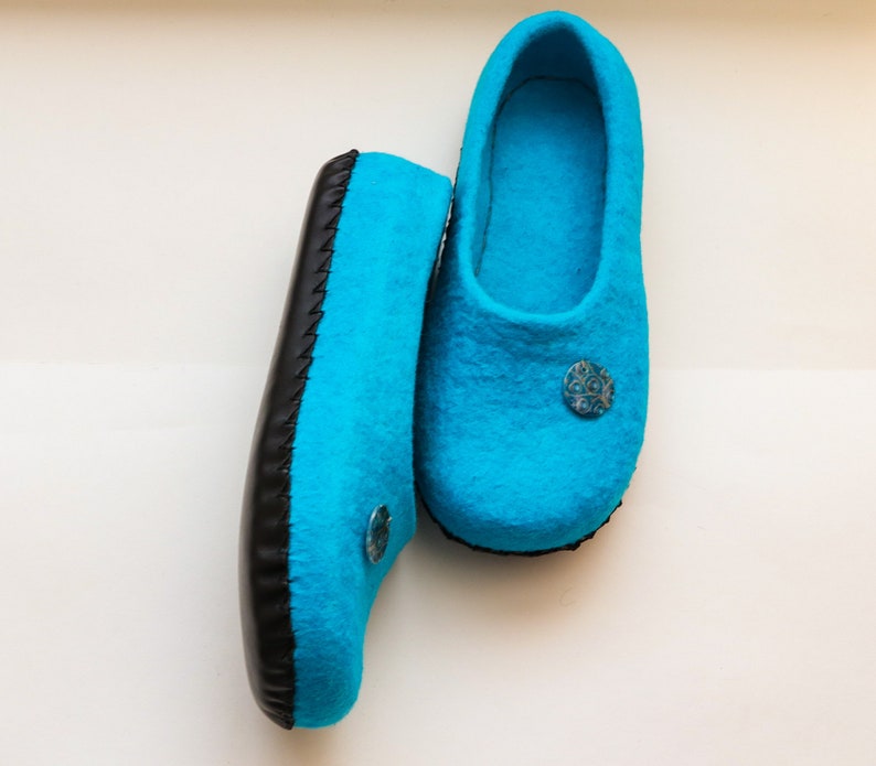 Women's felted slippers with leather soles Blue house slippers Ready to ship 8-8,5 US image 5