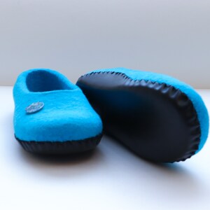 Women's felted slippers with leather soles Blue house slippers Ready to ship 8-8,5 US image 4