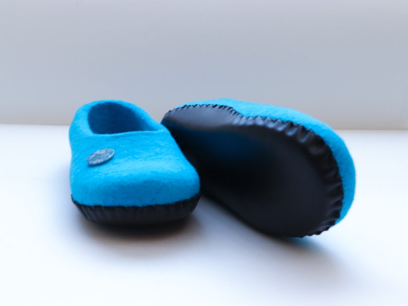 Women's felted slippers with leather soles Blue house slippers Ready to ship 8-8,5 US image 4
