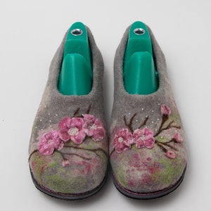 Felt Wool Slippers: Sakura Flowers, Non-Slip Rubber Soles