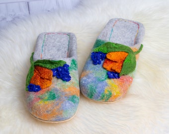 Women's felted custom slippers  - Home felted slippers gift for her - Felt felted wool mules/ clogs / house shoes with rubber soles