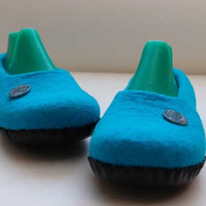 Women's felted slippers with leather soles Blue house slippers Ready to ship 8-8,5 US image 6