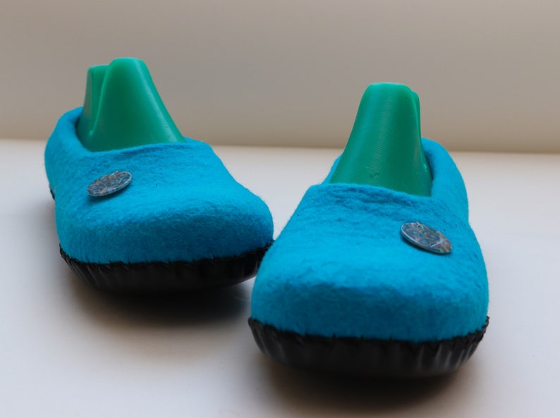 Women's felted slippers with leather soles Blue house slippers Ready to ship 8-8,5 US image 6
