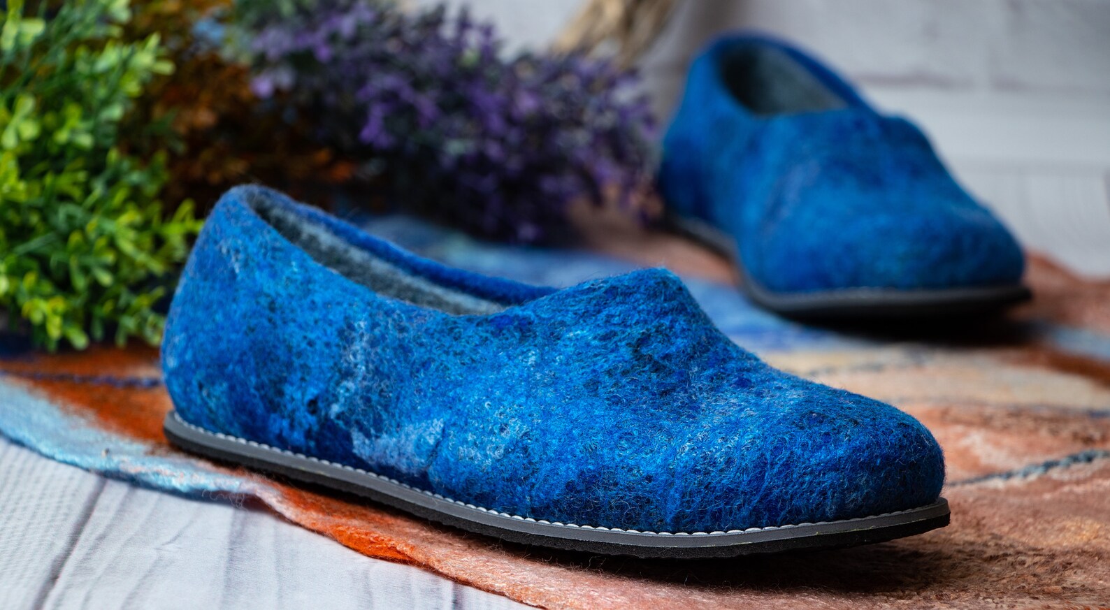 Blue Gray Felted Slippers rubber Soles Non Slip Slippers Woman's Home Shoes Felted Clogs Adult