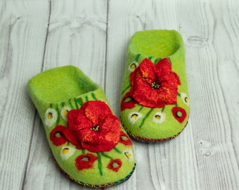 Handmade slippers with red poppies -Boiled wool slippers - Felt felted wool mules/ clogs / house shoes - Adult slippers with  rubber sole