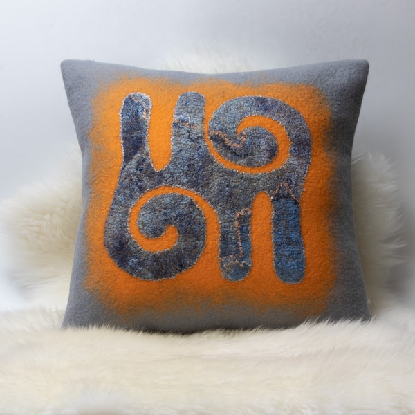 Gray- Orange felt pillow ready to ship- Abstract decorative wool pillow case - Square hand felted pillow cushion cover