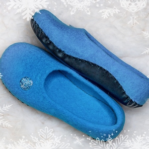 Women's felted slippers with leather soles Blue house slippers Ready to ship 8-8,5 US image 1