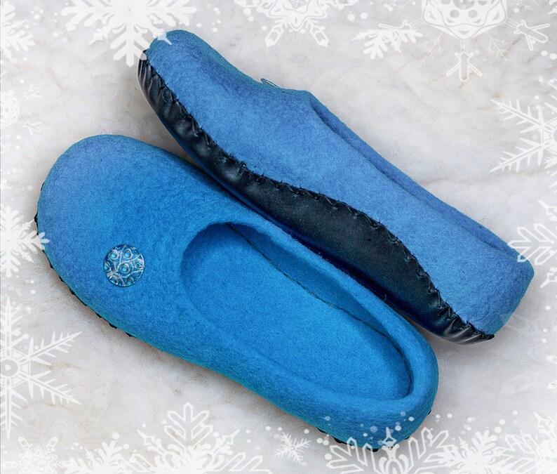 Women's felted slippers with leather soles Blue house slippers Ready to ship 8-8,5 US image 1