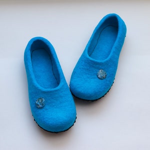 Women's felted slippers with leather soles Blue house slippers Ready to ship 8-8,5 US image 7