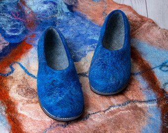 Blue- Gray felted slippers -Rubber soles non slip slippers - Woman's home shoes - Felted clogs adult - Handmade felt shoes