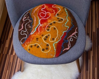 Abstract Small Round Chair Pad -  Natural multi color Handmade Chair Cushion - Felted Seat Mat - Round Seat Pad ready to ship.