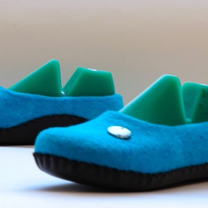 Women's felted slippers with leather soles Blue house slippers Ready to ship 8-8,5 US image 9