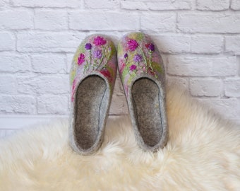 Warm Women's House Slippers - Gray Felt Slip-ons with Natural Wool & Rubber Sole