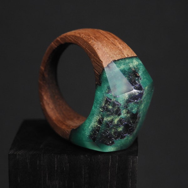 Wooden Resin Ring - Handmade resin jewelry gift for women and for men. Handcrafted wood epoxy art; a secret world inside a ring