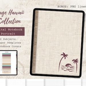 May include: A digital notebook cover with a vintage Hawaiian theme. The cover features a brown linen background with a silhouette of palm trees and a sunset over the ocean. The text "Vintage Hawaii Collection" is displayed in a brown font at the top of the cover. The text "Digital Notebook Portrait" is displayed in a brown font below the collection name. The text "12 Subjects, 6 Paper Templates, 6 Notebook Covers" is displayed in a brown font below the portrait text. The text "BONUS: PNG linen pages" is displayed in a white font at the top right corner of the cover.