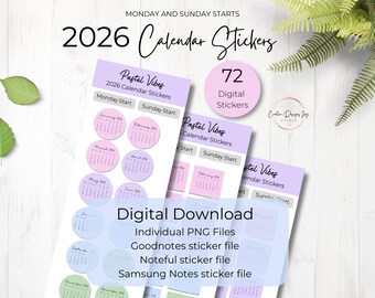 2026 Calendar Stickers Pastel Vibes: Goodnotes, Noteful, Samsung Notes files (Digital Download)