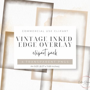 A4 Vintage Inked Edge Junk Journal Overlay, Four PNG files
