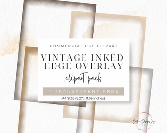 A4 Vintage Inked Edge Junk Journal Overlay, Four PNG files