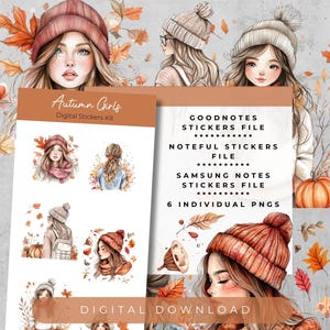 以下が含まれることがあります： 秋のテーマの女の子のイラスト6つが描かれたデジタルステッカーセット。女の子は帽子とマフラーを着用しており、イラストには葉っぱやカボチャが含まれています。画像には「Autumn Girls Digital Stickers Kit」と「GOODNOTES STICKERS FILE NOTEFUL STICKERS FILE SAMSUNG NOTES STICKERS FILE 6 INDIVIDUAL PNGS DIGITAL DOWNLOAD」のテキストが含まれています。