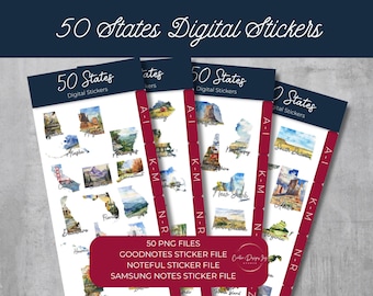 May include: A collection of digital stickers featuring watercolor illustrations of the 50 United States. Each sticker showcases a state's unique landscape or landmark. The stickers are arranged on white backgrounds with dark blue and burgundy accents.