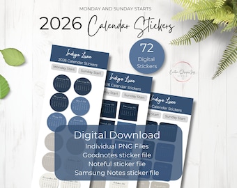 2026 Calendar Stickers Indigo Luxe: Goodnotes, Noteful, Samsung Notes files (Digital Download)