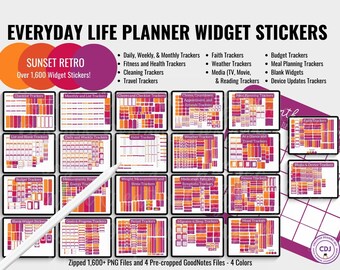 Sunset Retro Digital Planner Stickers: 1600+ Widget Stickers (PNG & GoodNotes Files)