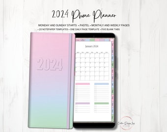 2024 Smartphone Planner, Monthly and Weekly Planner, Phone Planner, Pastel, Notepaper Templates, Monday and Sunday Starts