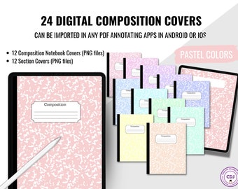 24 Digital Composition Notebook Covers, 12 Pastel Digital Notebook Covers, 12 Pastel Digital Section Covers, Portrait, Goodnotes, ZoomNotes