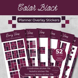 Puede incluir: Un conjunto de pegatinas de superposición para planificador con un diseño de bloques de color. Las pegatinas son en tonos burdeos y blanco, con el texto "Color Block" y "Planner Overlay Stickers" en la parte superior. La imagen incluye el texto "Berry Vibes" y "52 PNG Files".