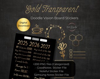 Gold Doodle Vision Board Stickers: Digital Planner (PNG, GoodNotes, Noteful, Samsung Notes)