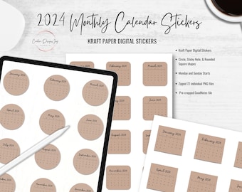 2024 Monthly Calendar Stickers, Craft Paper Texture, Digital Download