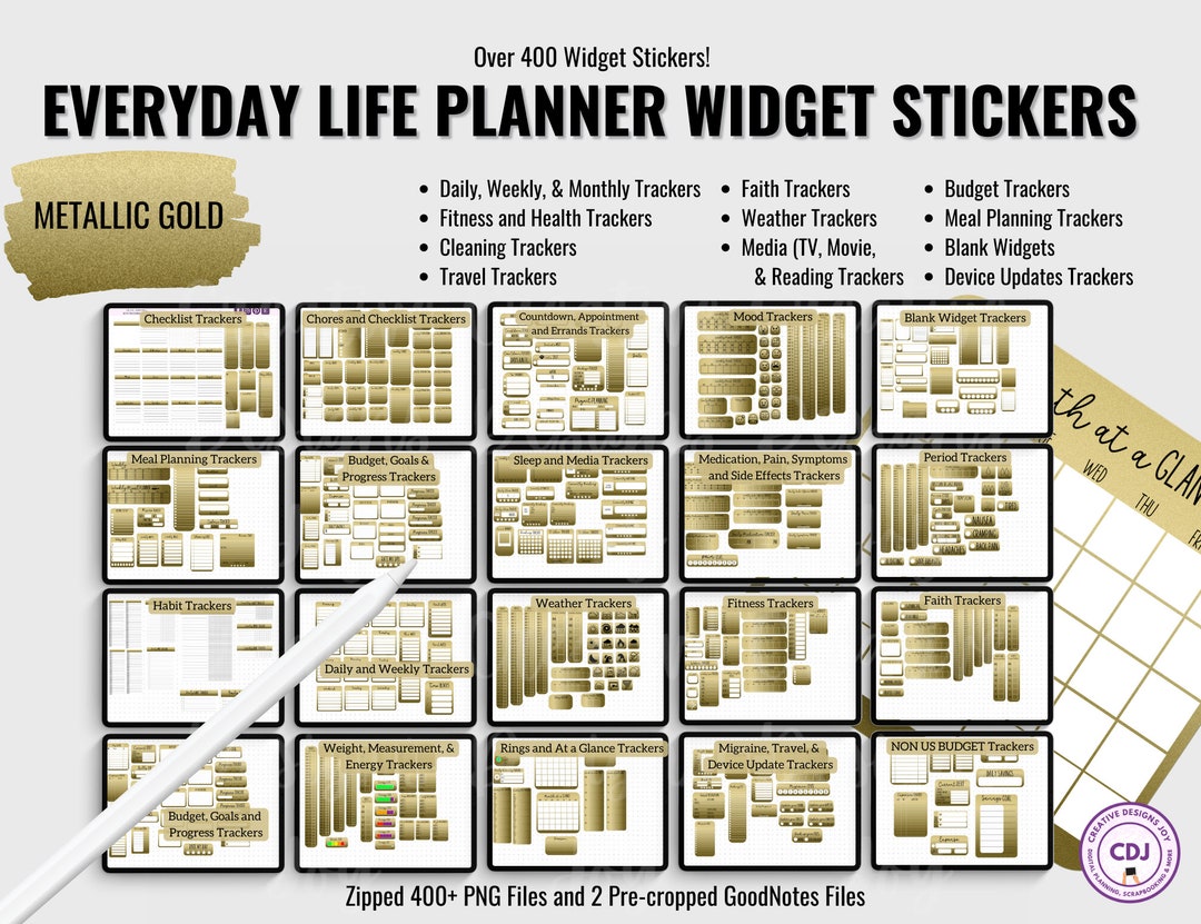 Gold Digital Planner Stickers: 400+ Metallic Widgets (PNG & Goodnotes ...