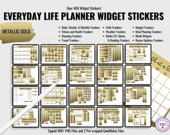 Gold Digital Planner Stickers: 400+ Metallic Widgets (PNG & GoodNotes Files)