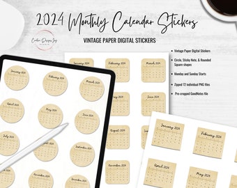 2024 Monthly Calendar Stickers, Vintage Paper Texture, Digital Download