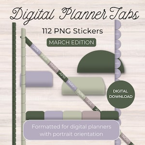 Garden Vibes Digital Planner Tabs: Sage Green & Purple (112 PNGs) (Digital Download) image 1