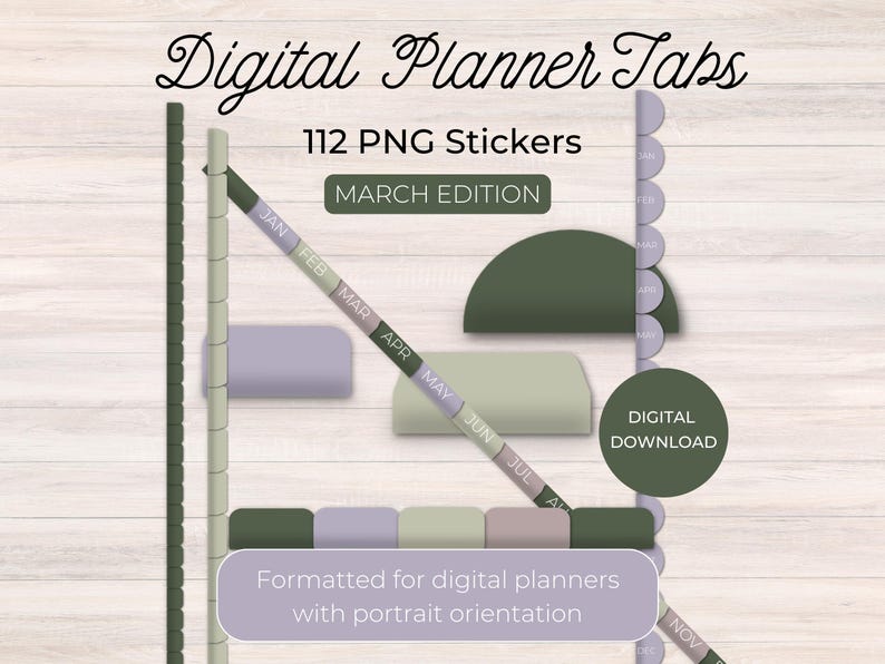 Garden Vibes Digital Planner Tabs: Sage Green & Purple (112 PNGs) (Digital Download) image 1