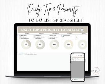 Daily Top 3 Priority To Do List Google Sheet Template, Neutral White Colors, Tasks List, Task Dashboard