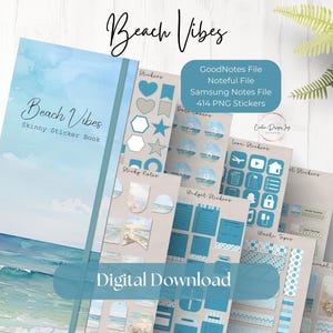 Puede incluir: Una descarga digital de un libro de pegatinas con temática de playa. El libro de pegatinas incluye 414 pegatinas PNG, archivos GoodNotes, Noteful y Samsung Notes. La portada del libro de pegatinas presenta una pintura de acuarela de una escena de playa con un cielo azul, nubes blancas y una ola de océano azul.