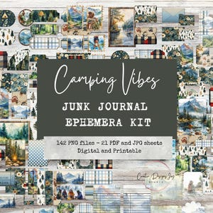 Kit éphémère pour journal indésirable Camping Vibes | 21 feuilles imprimables et 142 fichiers PNG | Timbres, étiquettes, billets, cartes journal
