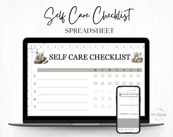 Self Care Checklist Google Sheet Template, Neutral Spa Green Colors, Tasks List, Task Dashboard, Weekly and Monthly Trackers