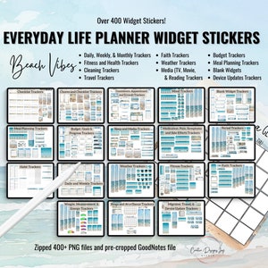 May include: Over 400 beach-themed planner widget stickers for GoodNotes. Stickers include categories like daily, weekly, monthly, fitness, health, cleaning, travel, faith, weather, media, budget, meal planning, blank widgets, and device updates.