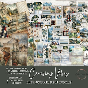 Paquete de diario basura Camping Vibes Mega / Kit de efímeras / Páginas de diario basura en formato carta y horizontal de EE. UU. / Descarga instantánea