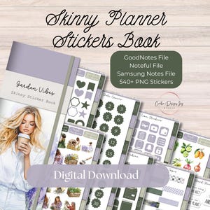 May include: A digital download of a sticker book for planners. The sticker book features a garden theme with illustrations of plants, flowers, and gardening tools. The sticker book is available in GoodNotes, Noteful, and Samsung Notes file formats. The sticker book includes over 540 PNG stickers.