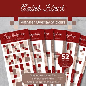 Puede incluir: Un conjunto de 52 pegatinas digitales para planificadores con bloques de color en tonos rojos y beige. Las pegatinas están etiquetadas como "Cozy Hedgehog Color Block Stickers" y están disponibles para Goodnotes, Noteful y Samsung Notes.
