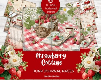 Strawberry Cottage Horizontal Junk Journal Pages, Printable US Letter JPG, 6 Landscape Digital Sheets